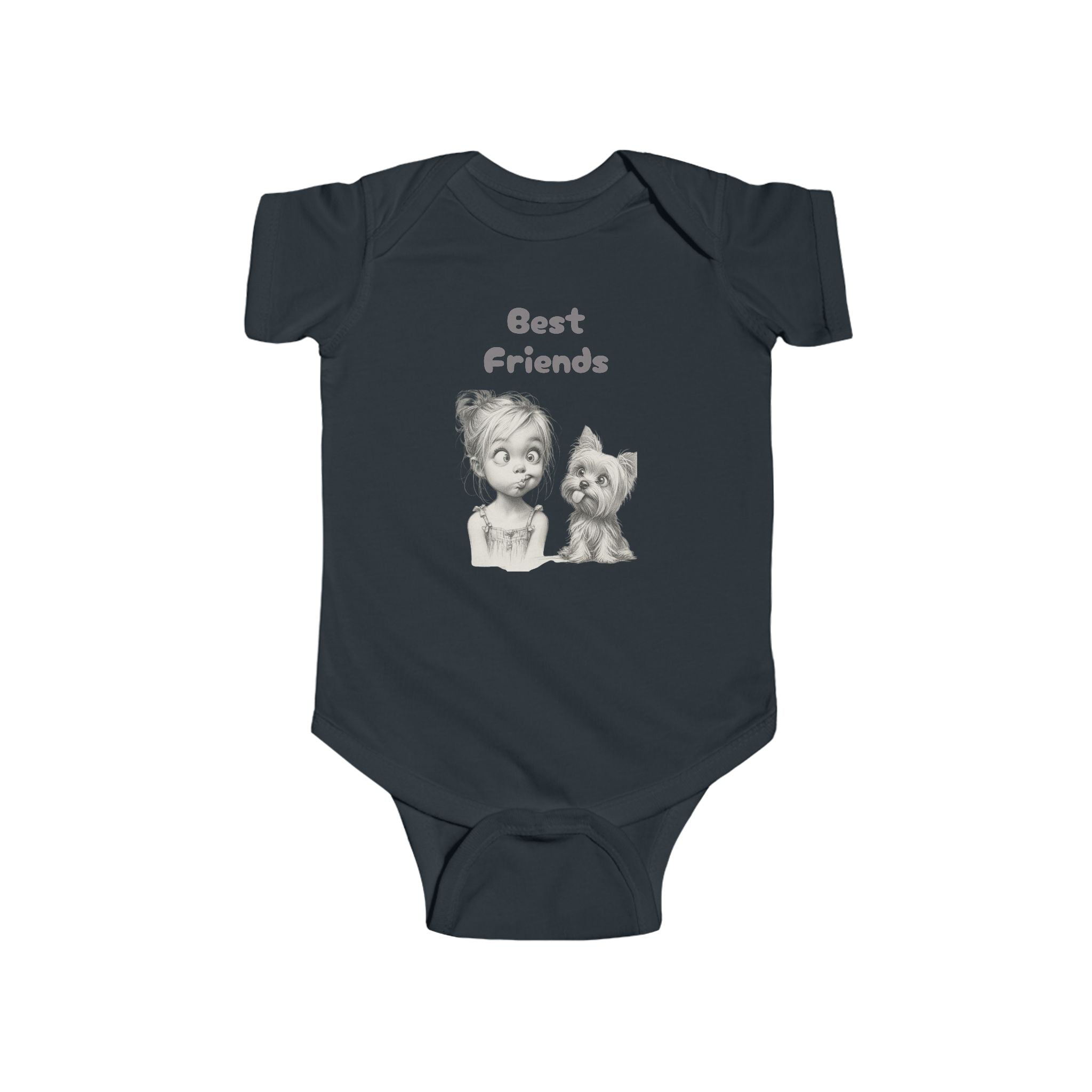 Baby Onesie Bodysuit - "Best Friends" Cute Girl & Puppy Onesie with Paw Print Back - Sizes NB to 24mos