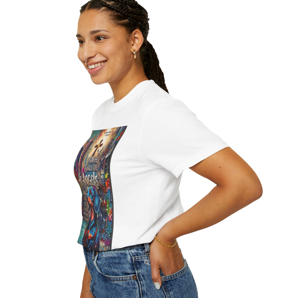 Unisex Christian Dog Grafitti T‑Shirt — "For He Shall Give His Angels Charge Over You" Inspirational Paw Print Tee