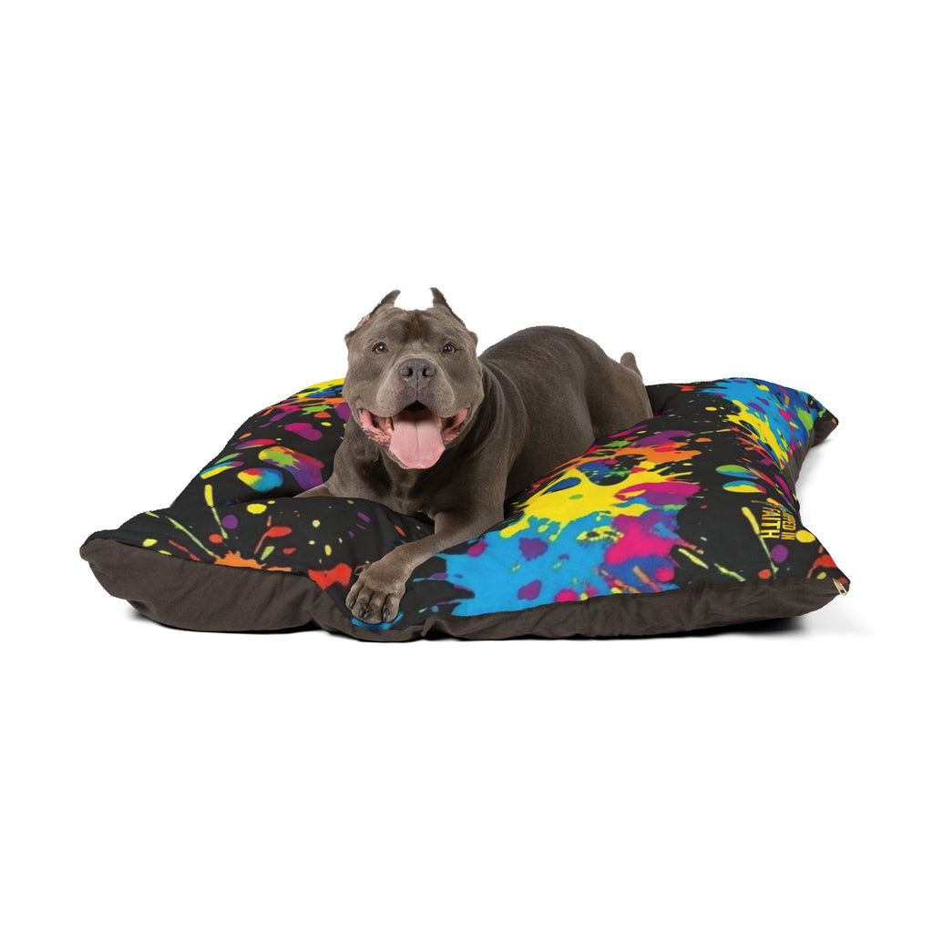 Colorful Paw Print Pet Bed — splatter paint design, cozy dog & cat cushion