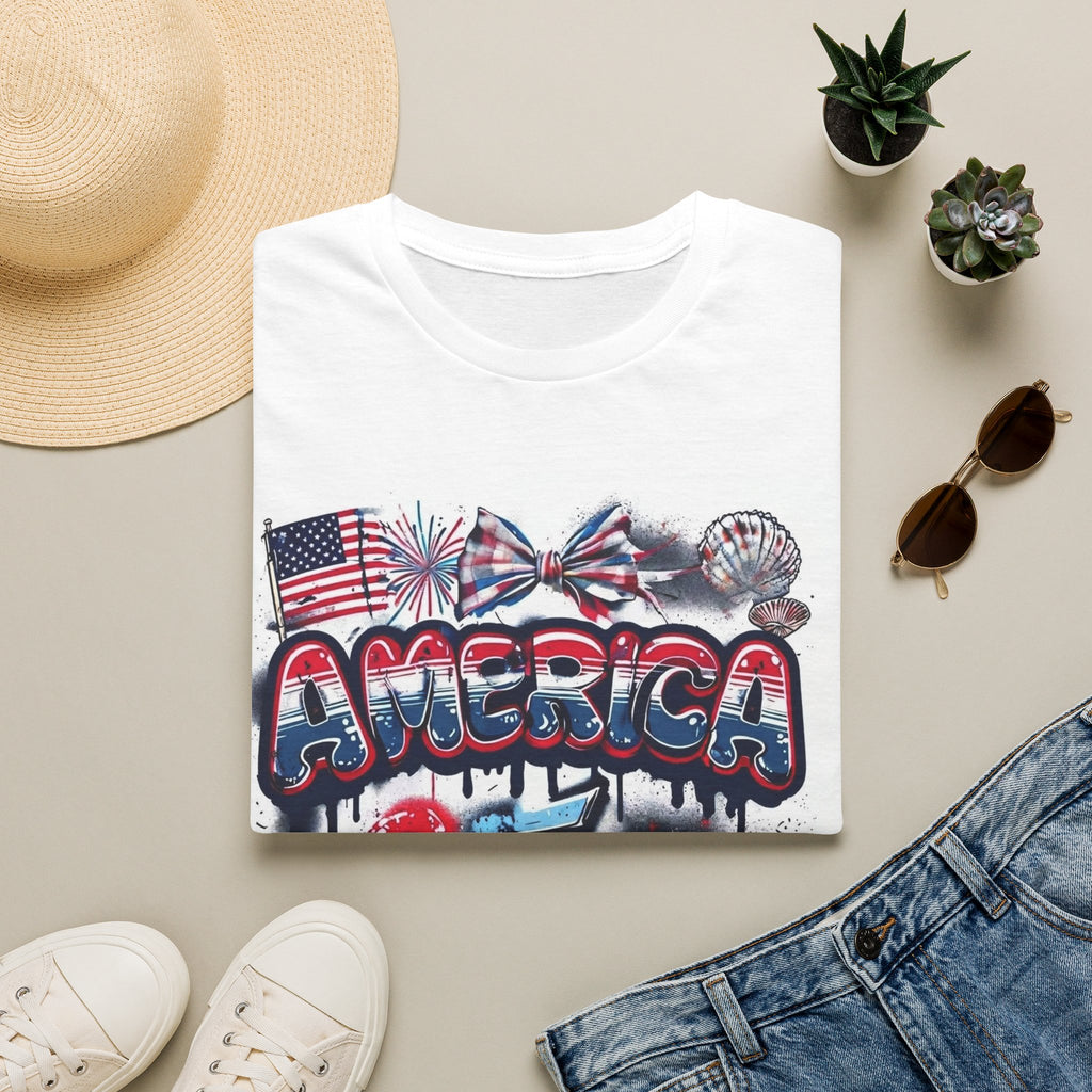 America 4th of July Graphic Tee — Patriotic USA Flag & Fireworks Design