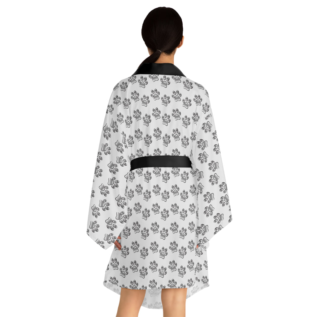 Ultra light Silver Paw Print Pattern Long Sleeve Kimono Robe | Pet Lover AOP