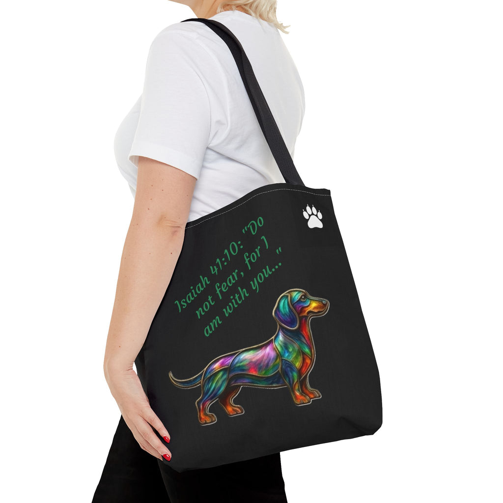 Faithful Paws City Dachshund Tote — Isaiah 41:10 Inspirational Dog Lover Bag