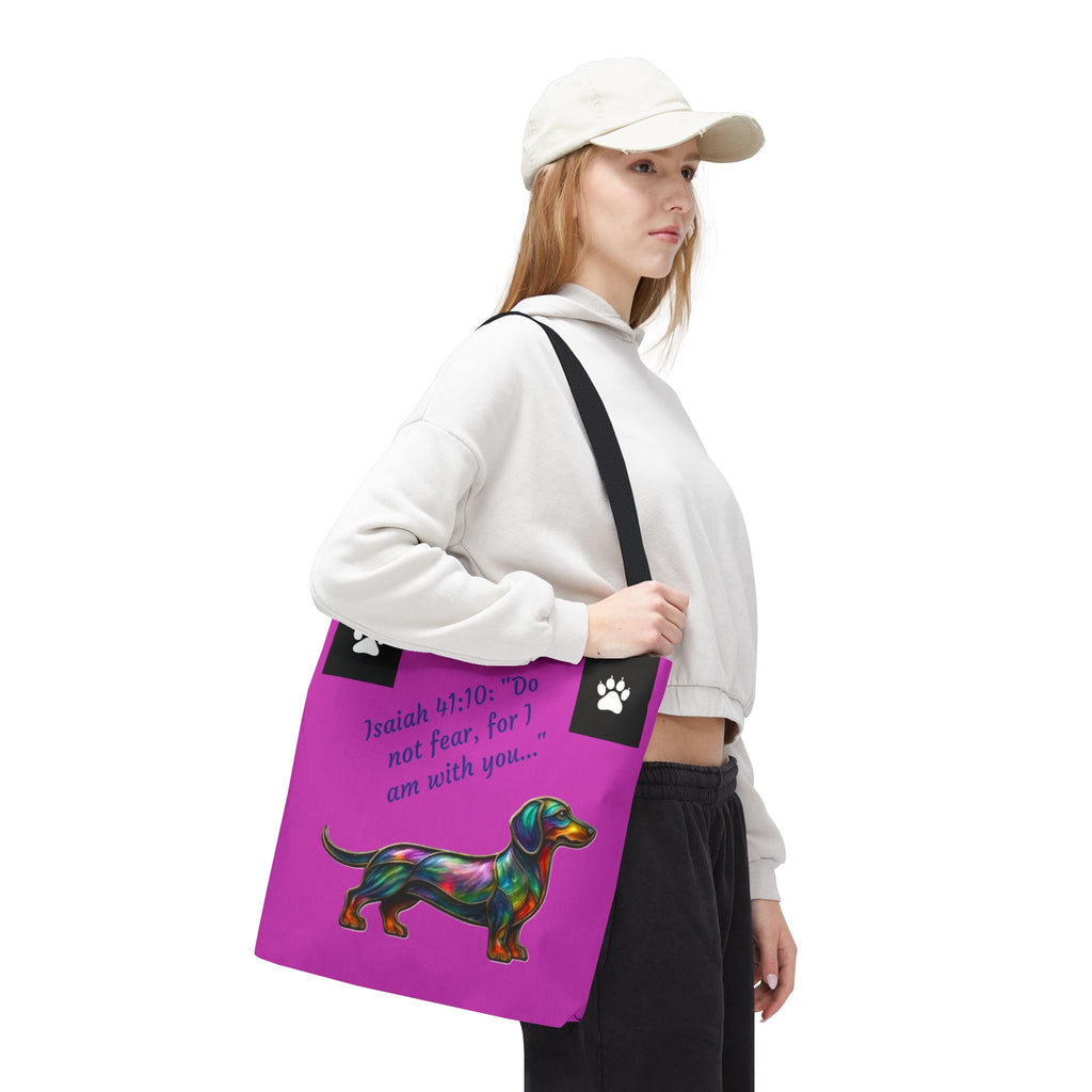Faithful Paws City Dachshund Tote — Isaiah 41:10 Inspirational Dog Lover Bag