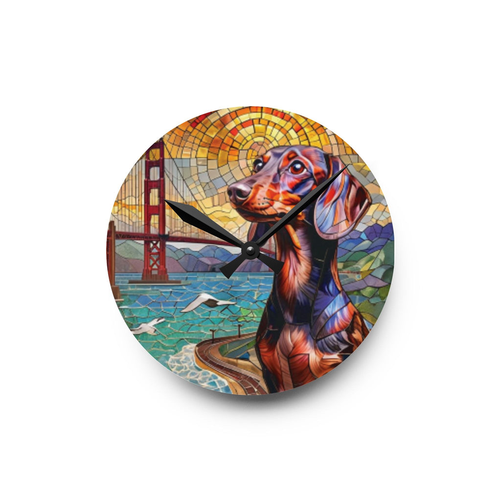 Dachshund San Francisco Acrylic Wall Clock — Colorful Mosaic Dog Art
