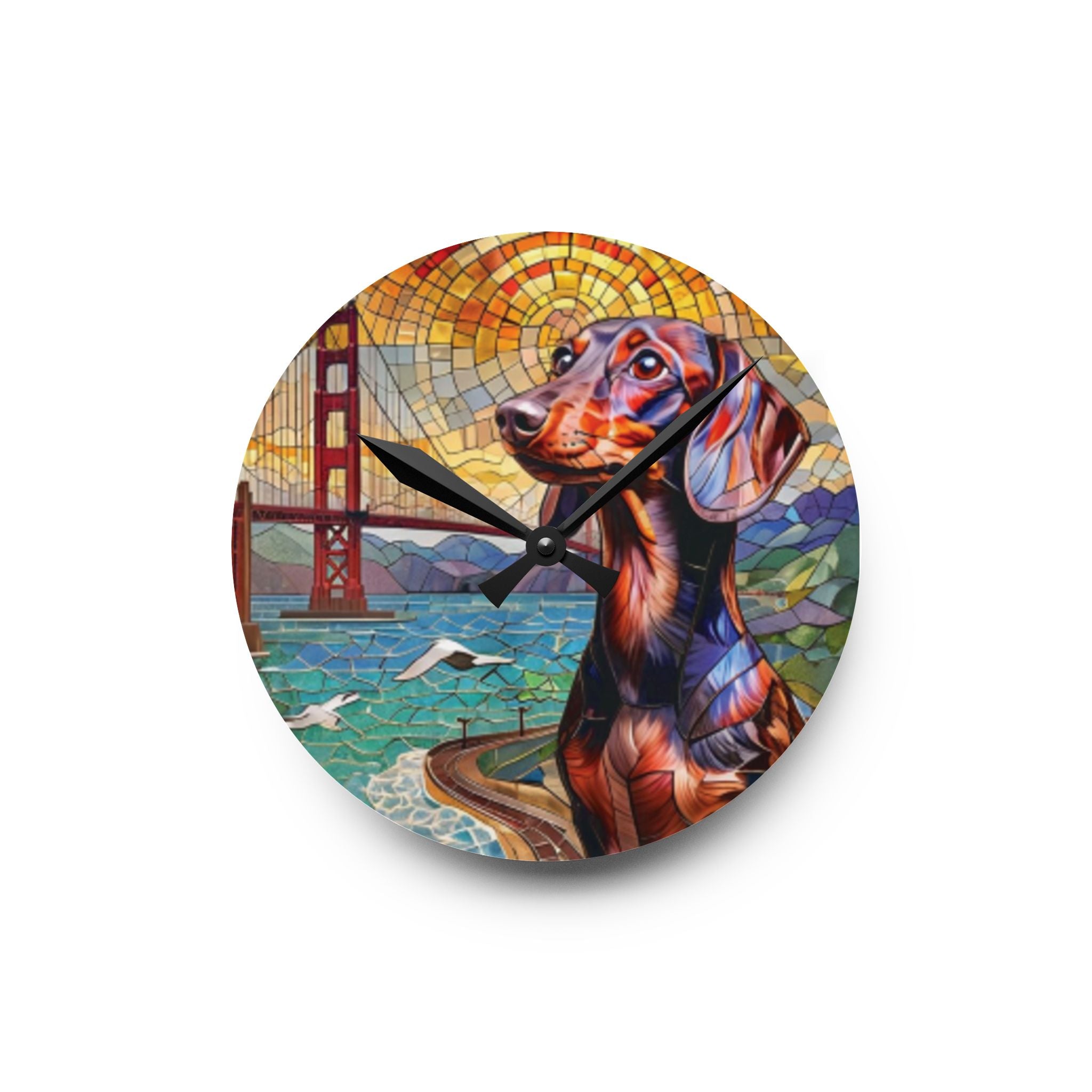 Dachshund San Francisco Acrylic Wall Clock — Colorful Mosaic Dog Art