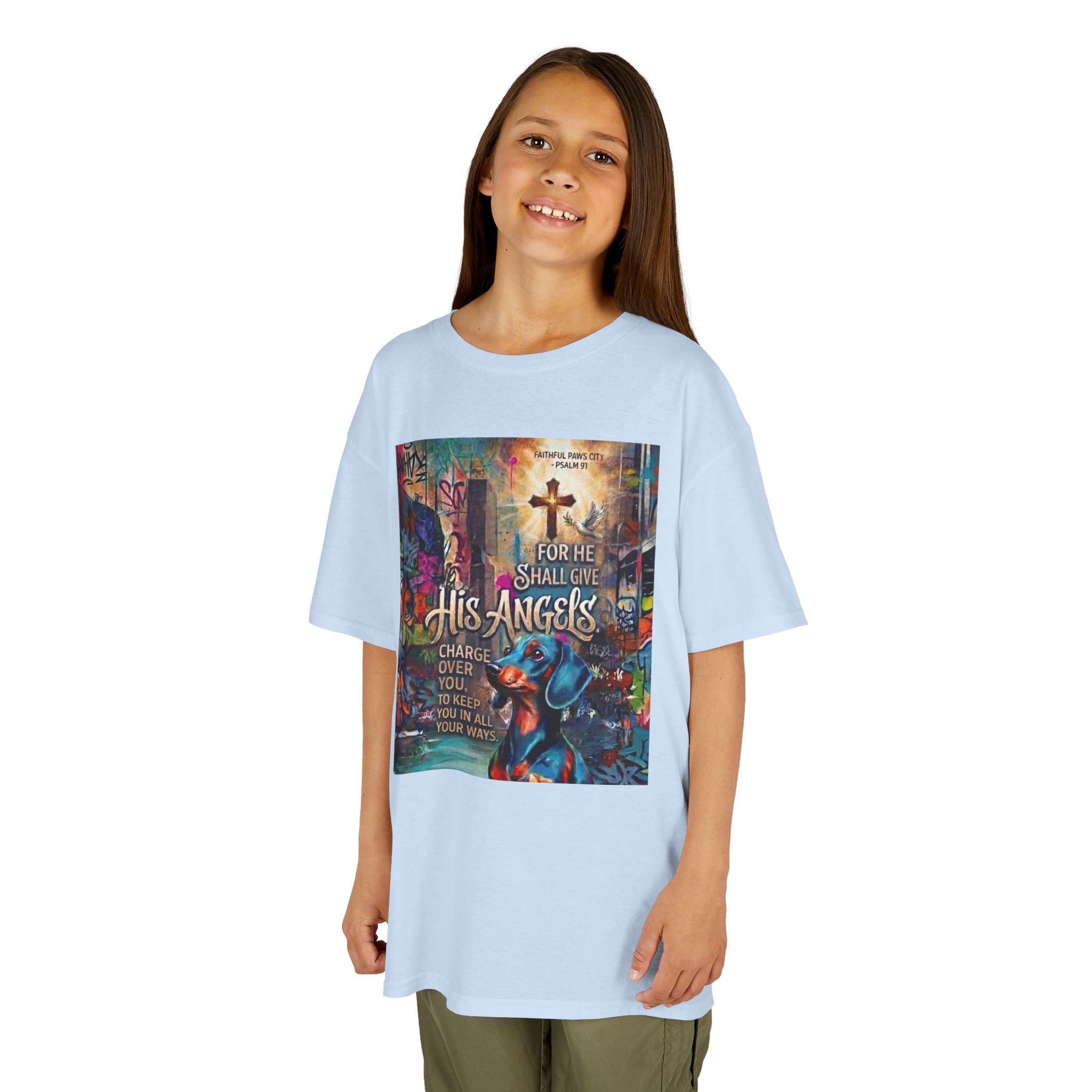 Kids Grafitti Dachshund T-Shirt — "Faithful Paws City" Colorful Angels & Paw Print Graphic Tee