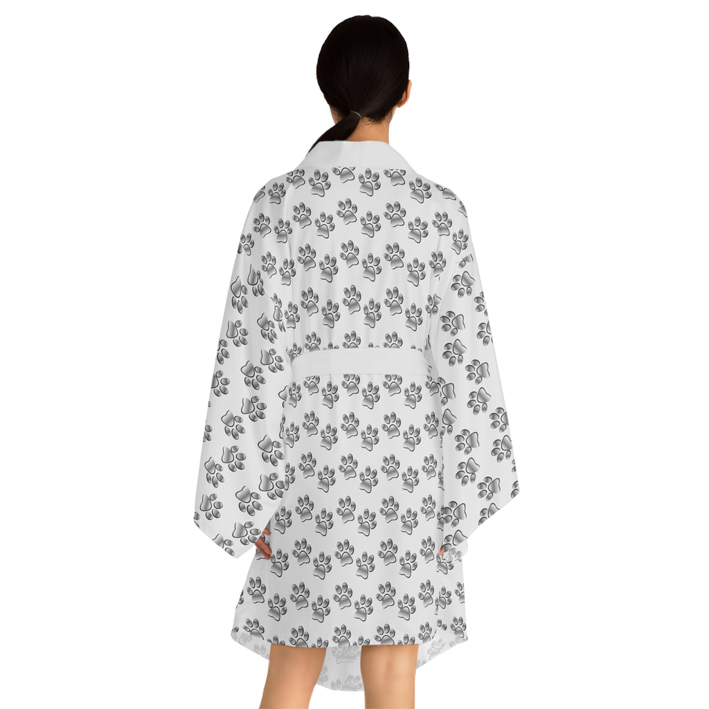 Ultra light Silver Paw Print Pattern Long Sleeve Kimono Robe | Pet Lover AOP