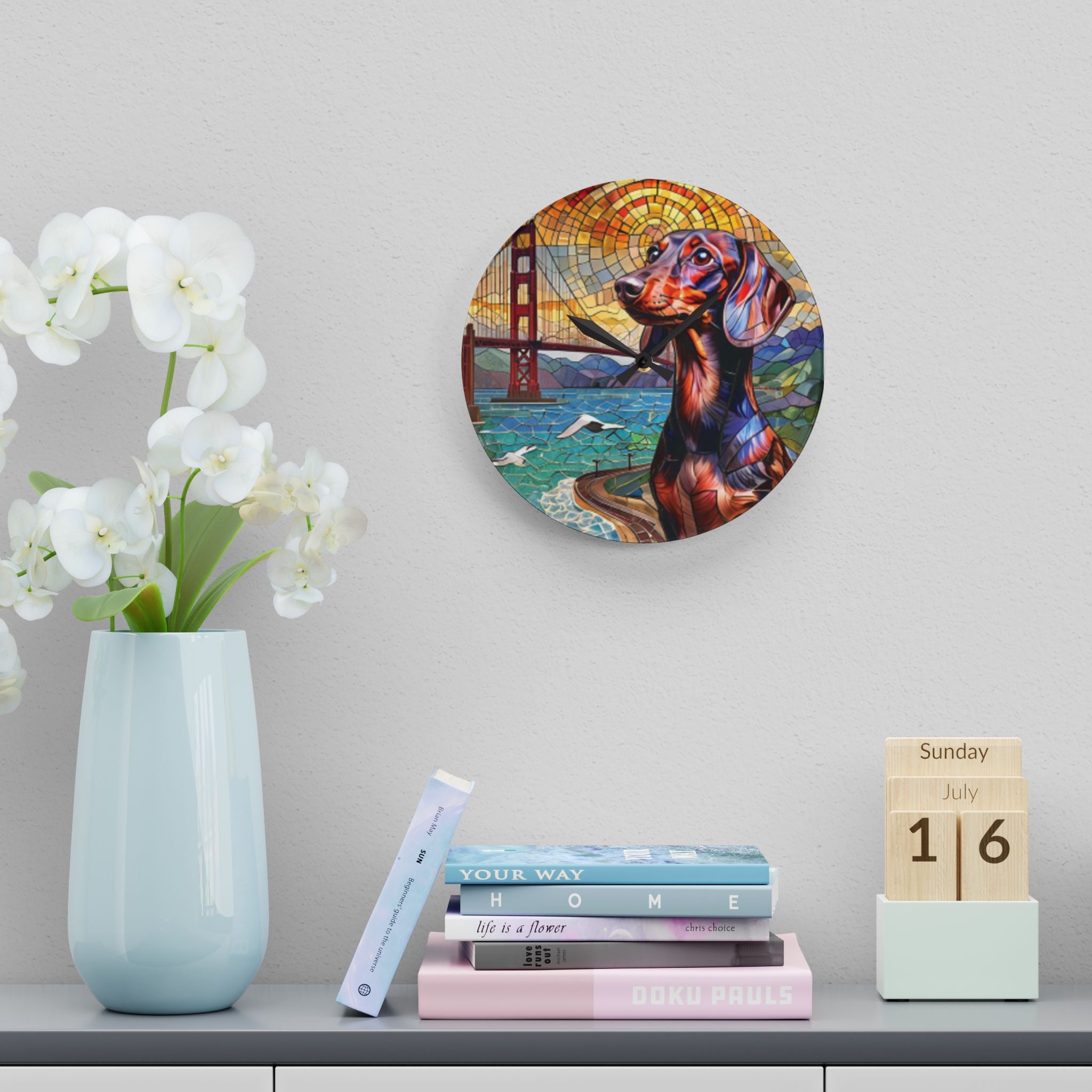 Dachshund San Francisco Acrylic Wall Clock — Colorful Mosaic Dog Art