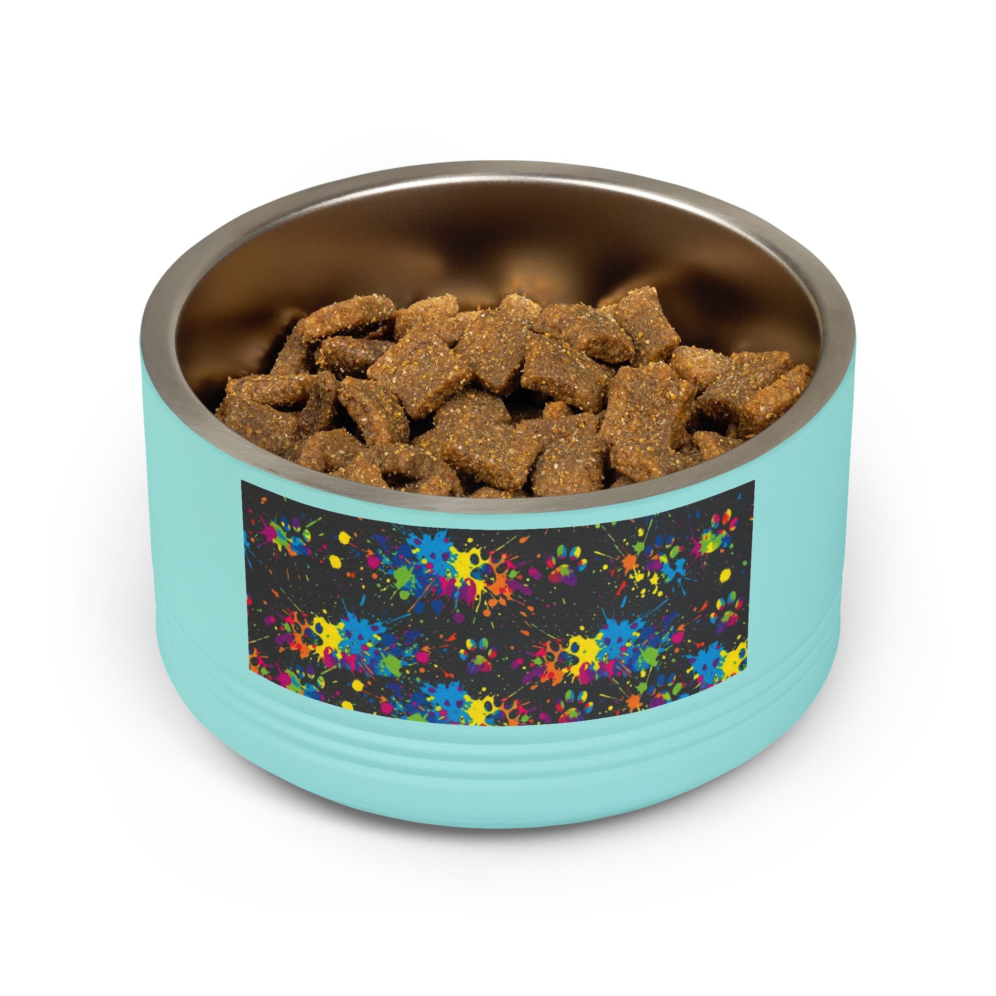 Dog Bowl — Teal Bones & Orange Paw Print Stainless Pet Bowl (18 oz)