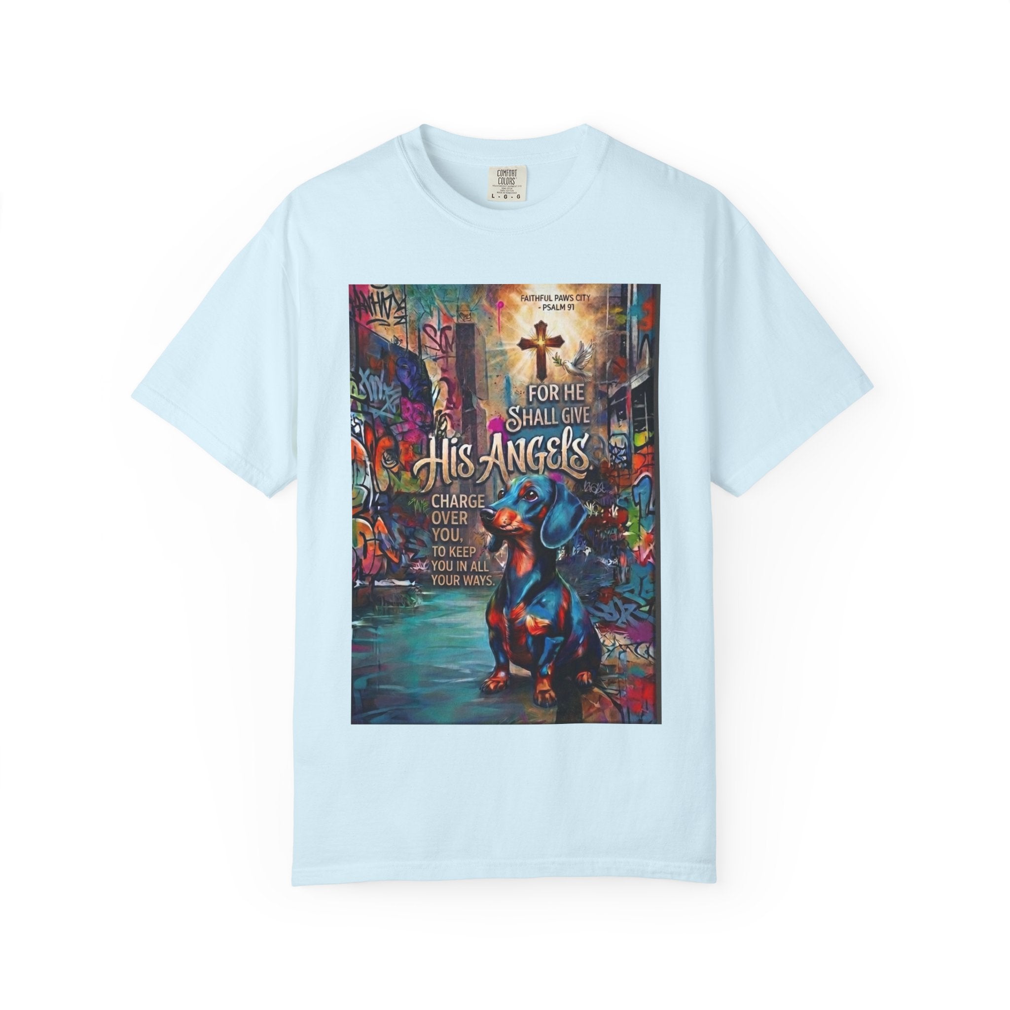Unisex Christian Dog Grafitti T‑Shirt — "For He Shall Give His Angels Charge Over You" Inspirational Paw Print Tee