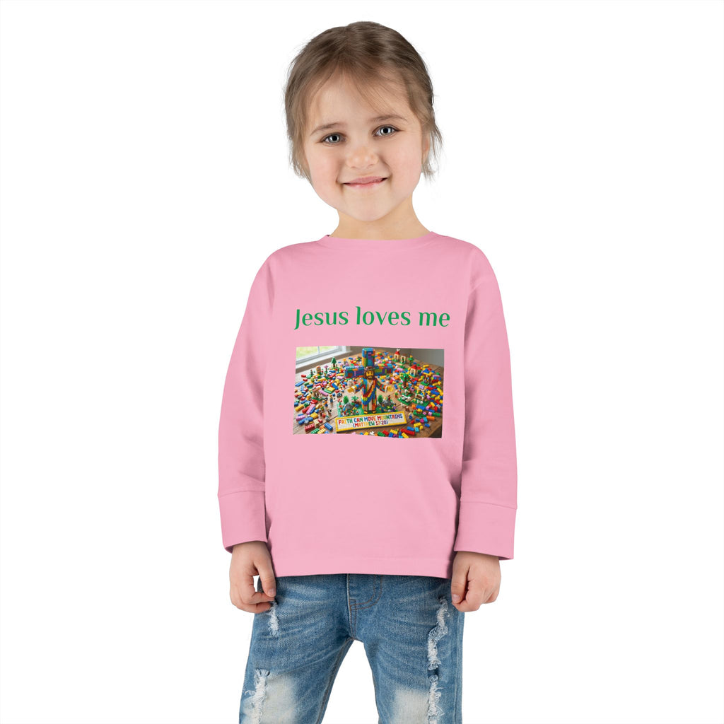 Toddler Long Sleeve Tee — "Jesus Loves Me" print with Colorful Legos Jesus on the cross - Sizes 2T - 6T