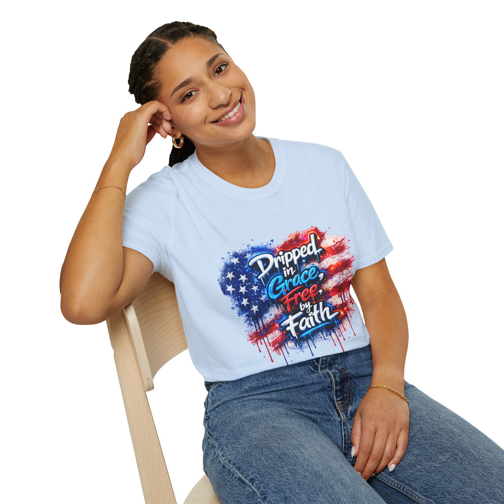 T-Shirt — "Dripped in Grace, Free in Faith" American Flag Christian Graphic Tee - 4th of July