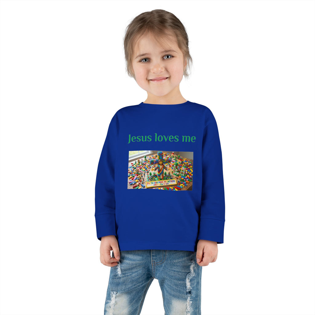 Toddler Long Sleeve Tee — "Jesus Loves Me" print with Colorful Legos Jesus on the cross - Sizes 2T - 6T
