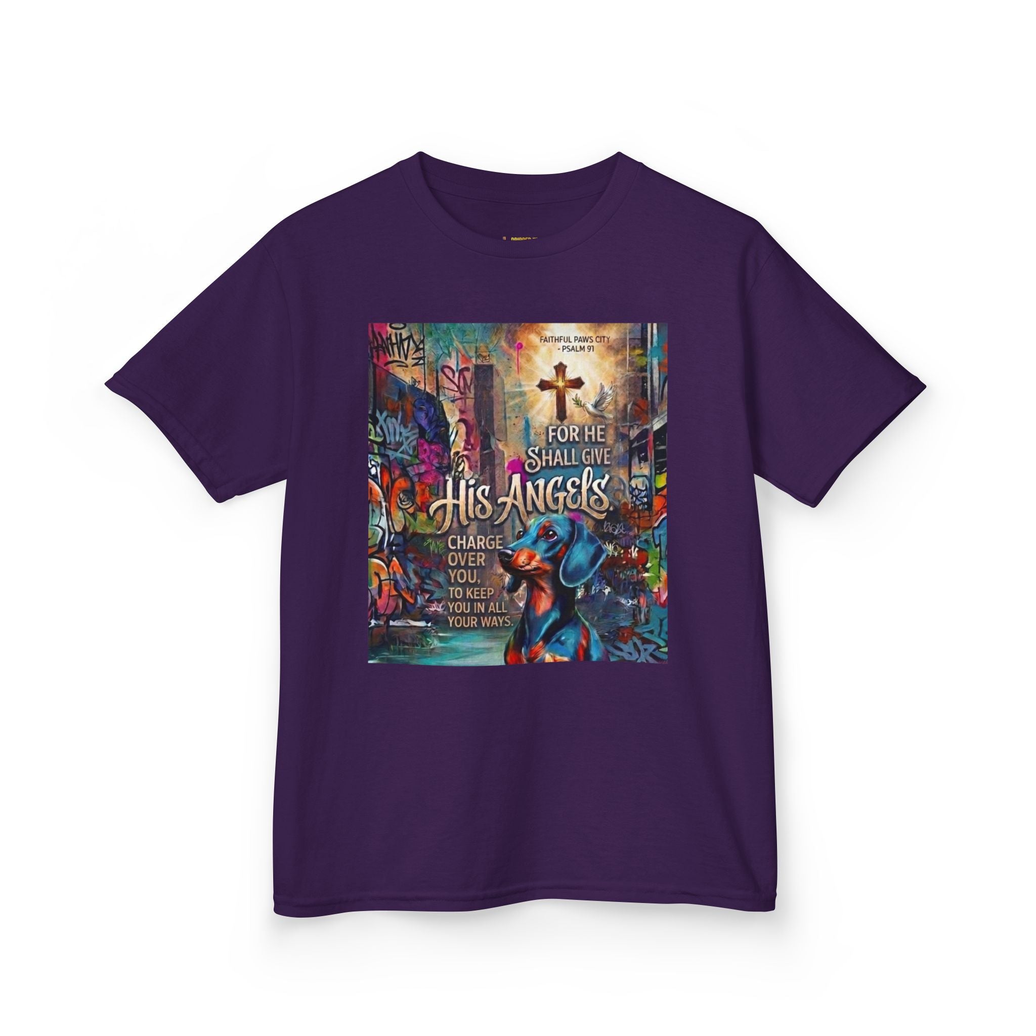 Kids Grafitti Dachshund T-Shirt — "Faithful Paws City" Colorful Angels & Paw Print Graphic Tee