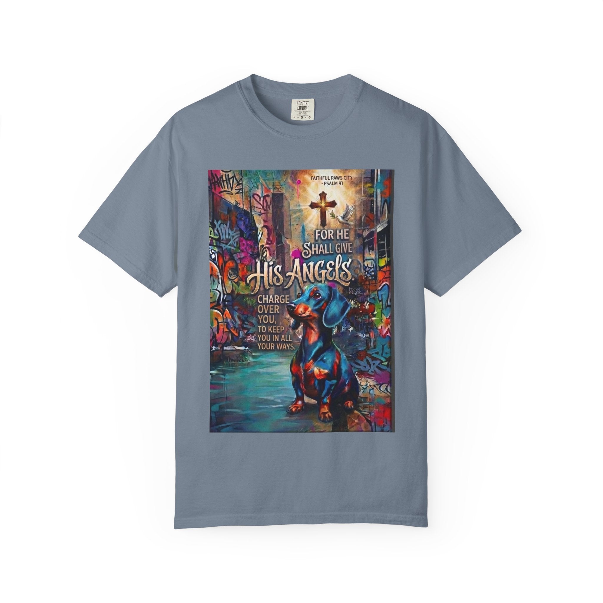 Unisex Christian Dog Grafitti T‑Shirt — "For He Shall Give His Angels Charge Over You" Inspirational Paw Print Tee