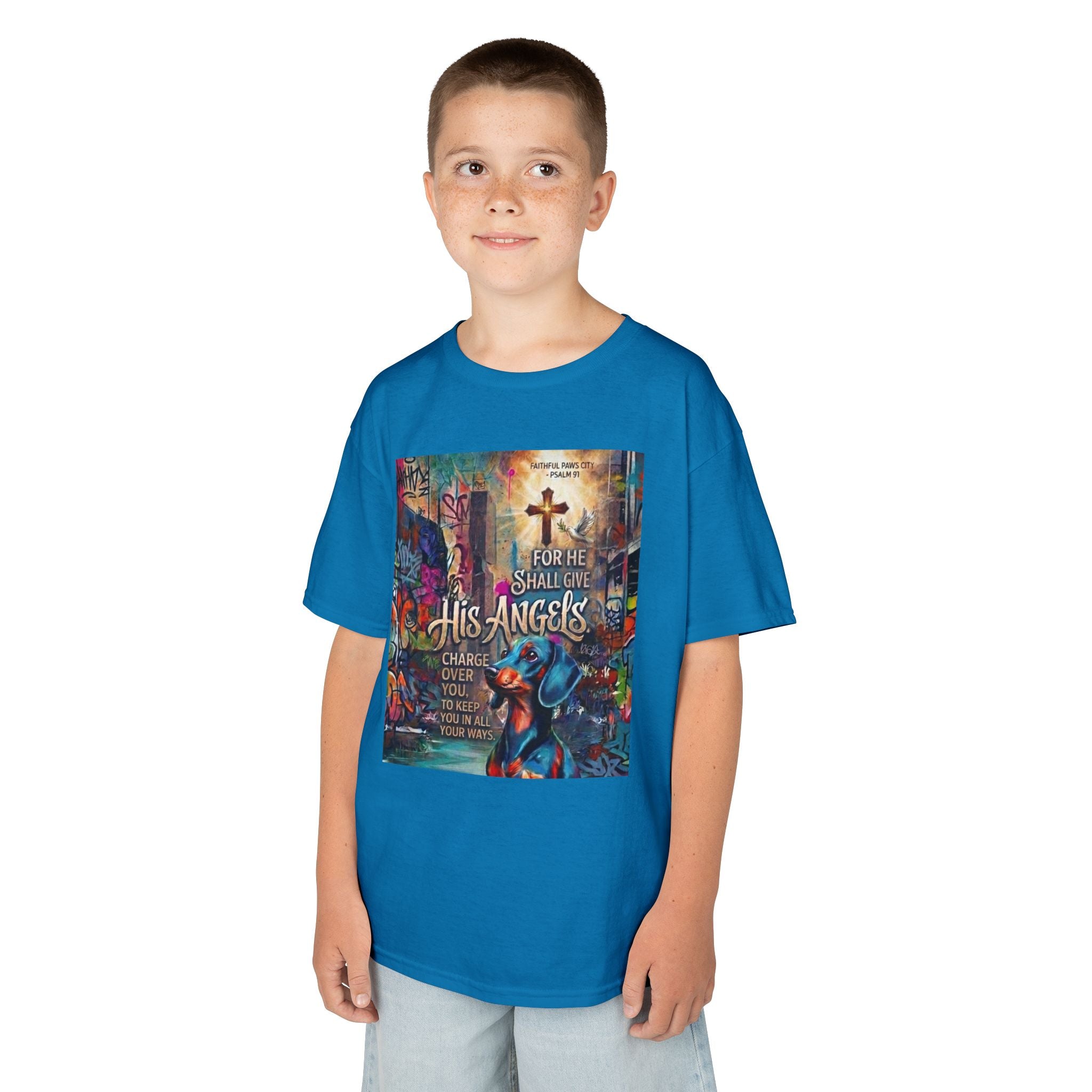 Kids Grafitti Dachshund T-Shirt — "Faithful Paws City" Colorful Angels & Paw Print Graphic Tee