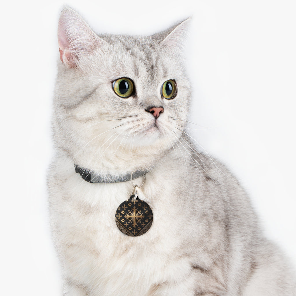 Personalizable Black with Gold Cross Paw Print Pet Tag on a faux leather collar — Christian Dog & Cat ID Charm