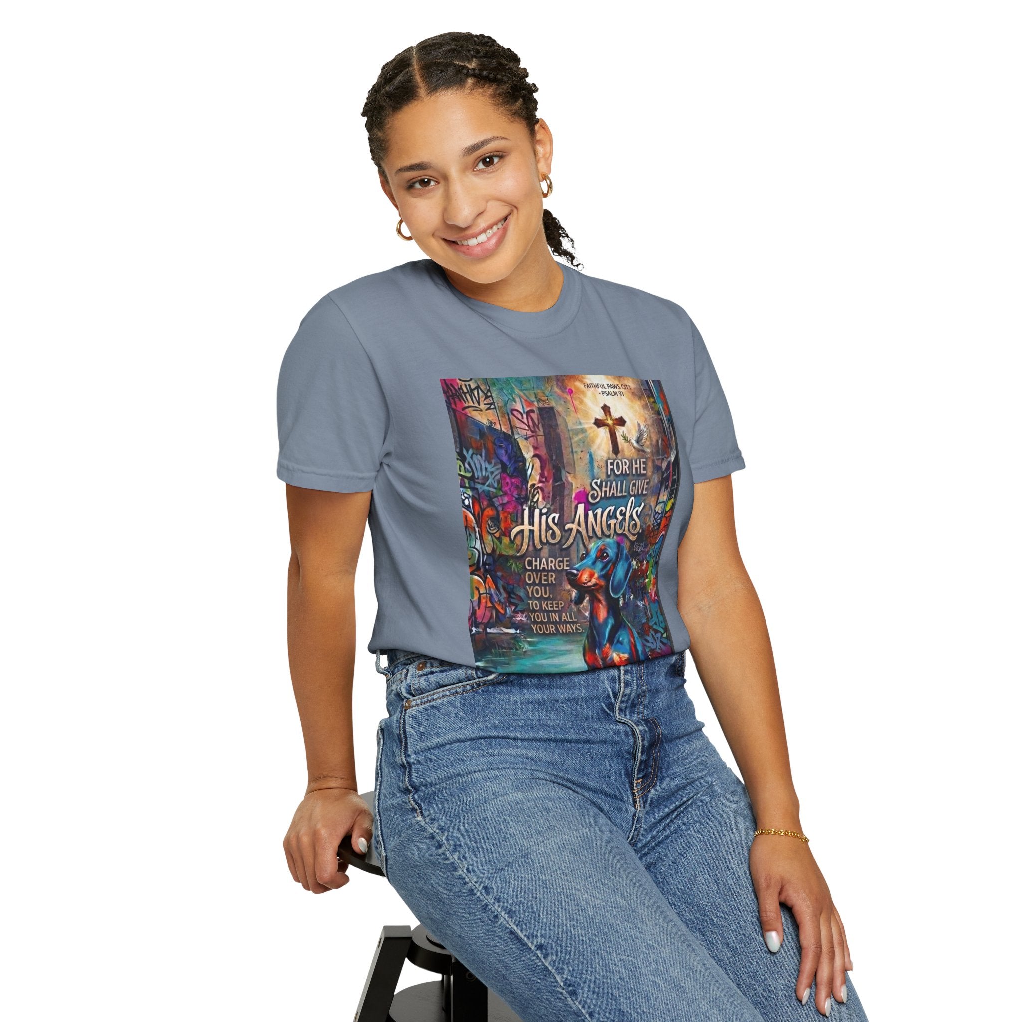 Unisex Christian Dog Grafitti T‑Shirt — "For He Shall Give His Angels Charge Over You" Inspirational Paw Print Tee