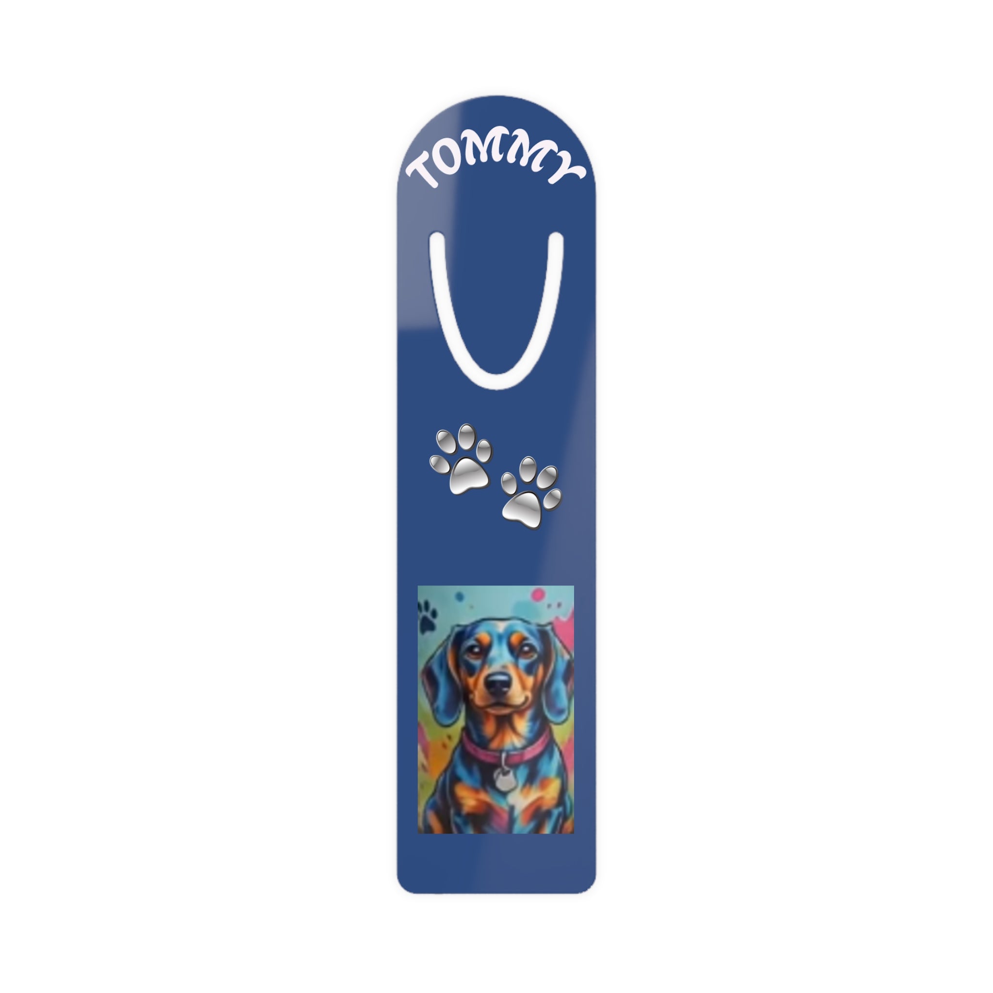 Personalized Dog Bookmark — Custom Name Dachshund Paw Print Metal Bookmark