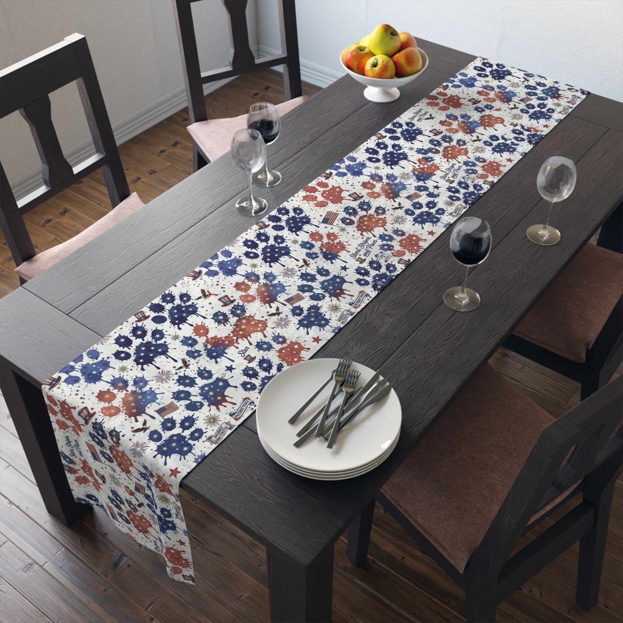 Patriotic Paw Prints Table Runner — Red, White & Blue Cotton-Blend Decor