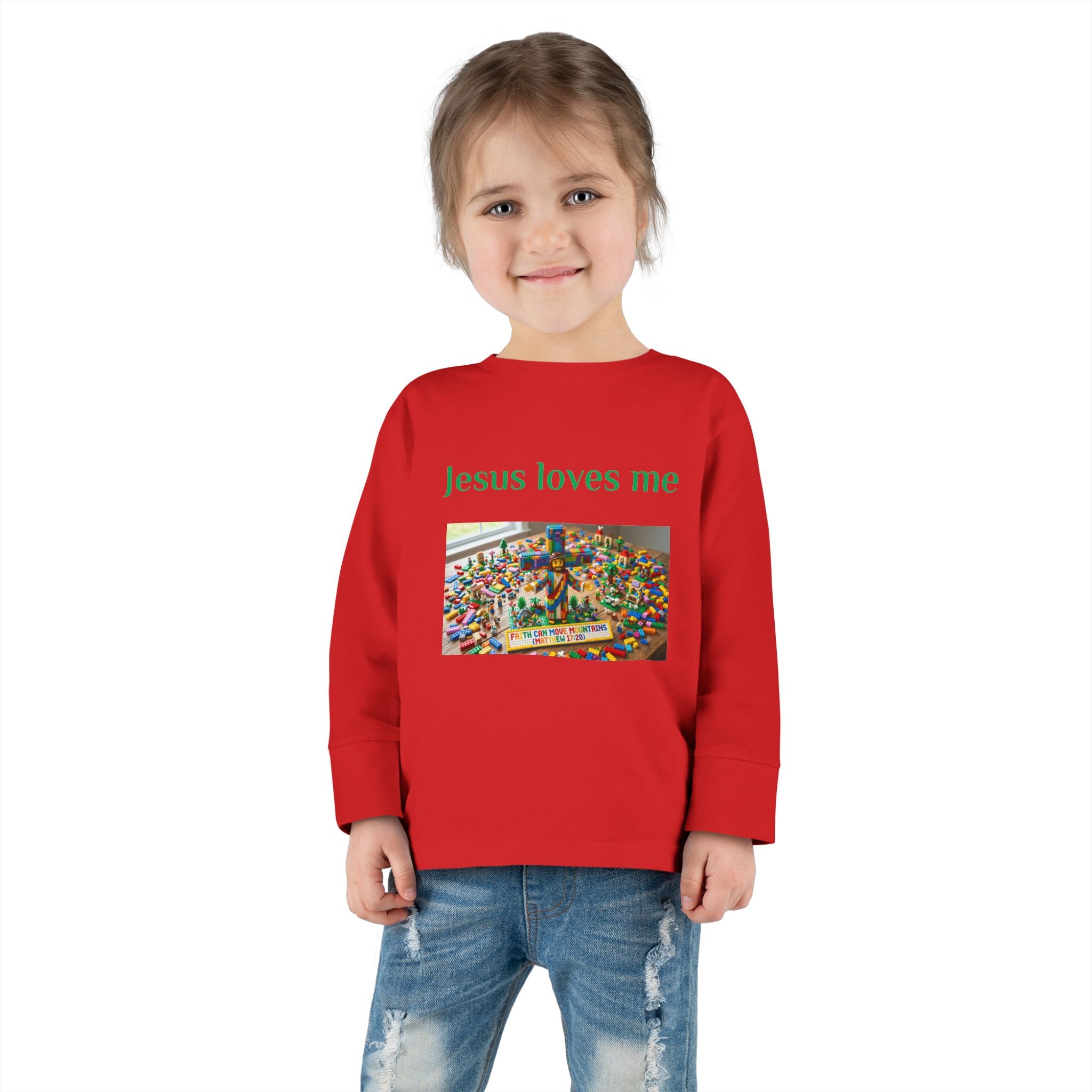 Toddler Long Sleeve Tee — "Jesus Loves Me" print with Colorful Legos Jesus on the cross - Sizes 2T - 6T