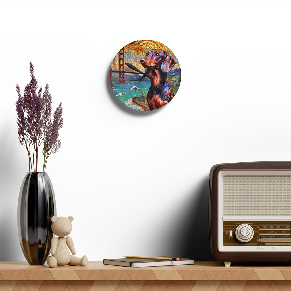 Dachshund San Francisco Acrylic Wall Clock — Colorful Mosaic Dog Art