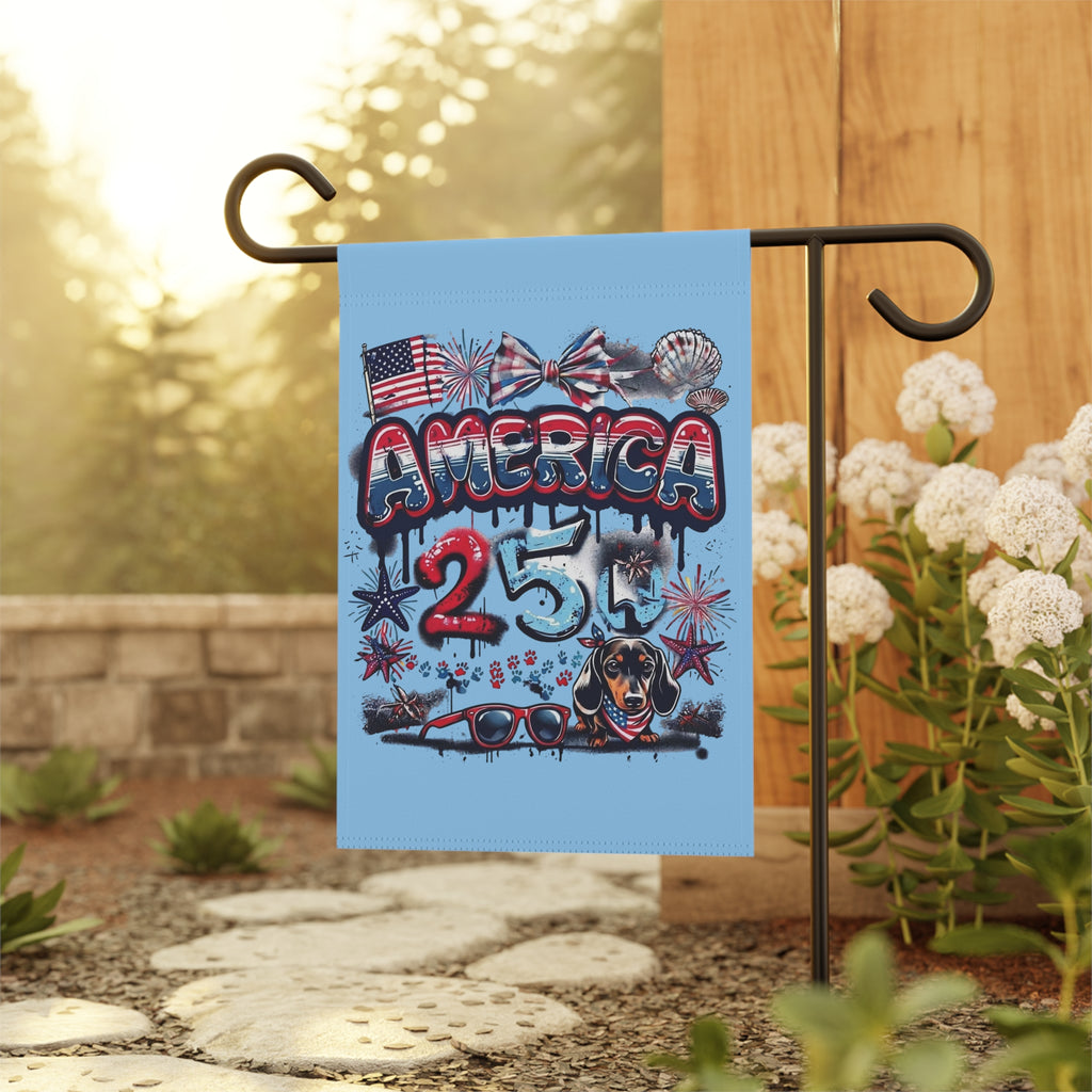 America 4th of July Garden Flag – Patriotic Fireworks & Dachshund Design