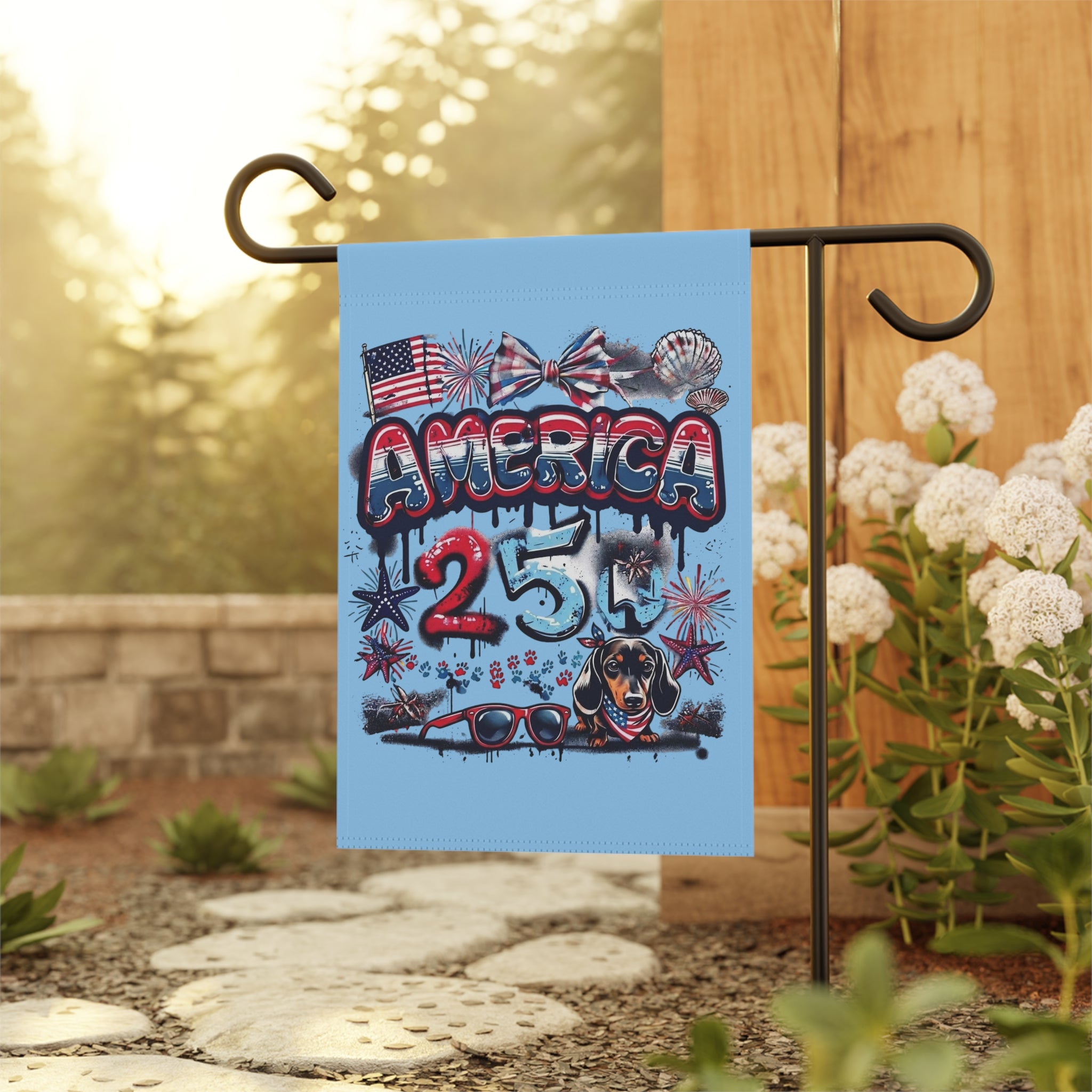 America 4th of July Garden Flag – Patriotic Fireworks & Dachshund Design