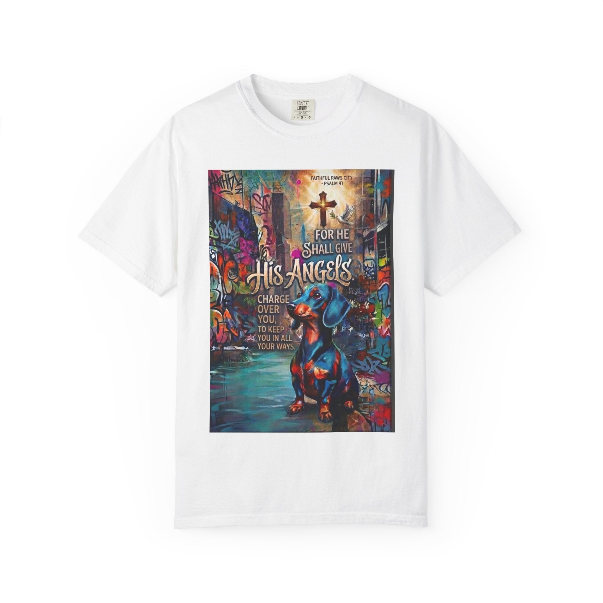 Unisex Christian Dog Grafitti T‑Shirt — "For He Shall Give His Angels Charge Over You" Inspirational Paw Print Tee