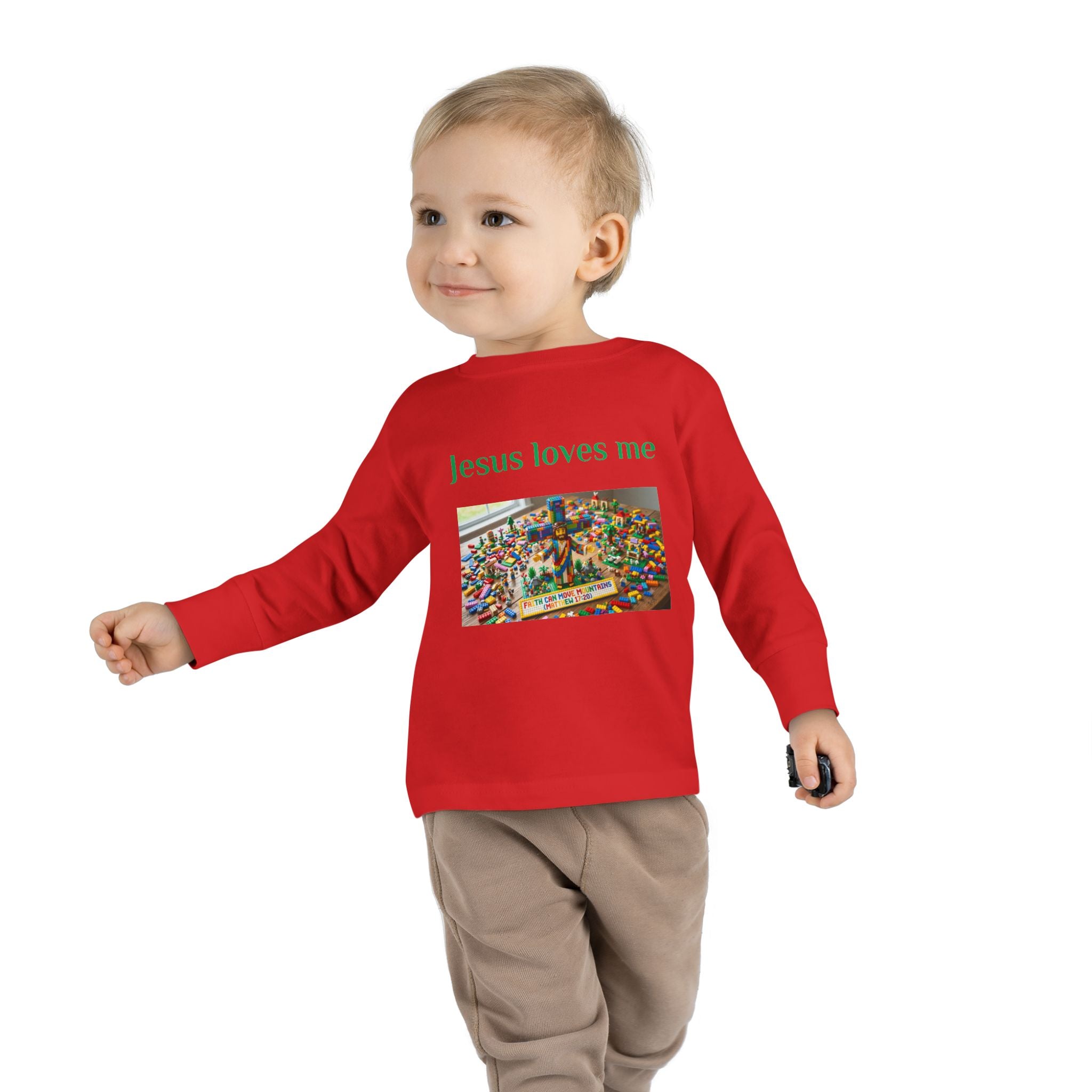 Toddler Long Sleeve Tee — "Jesus Loves Me" print with Colorful Legos Jesus on the cross - Sizes 2T - 6T