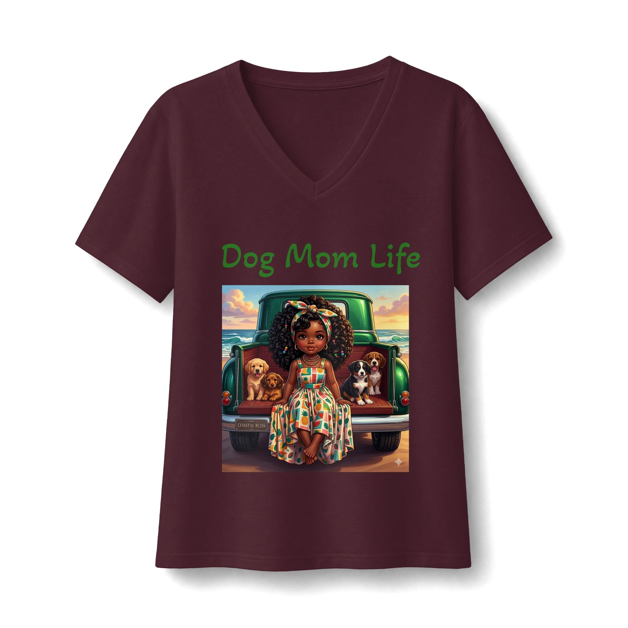 Ultra soft cotton relaxed fit Dog Mom Life V-Neck Tee — Cute Girl & Dogs Graphic T-Shirt