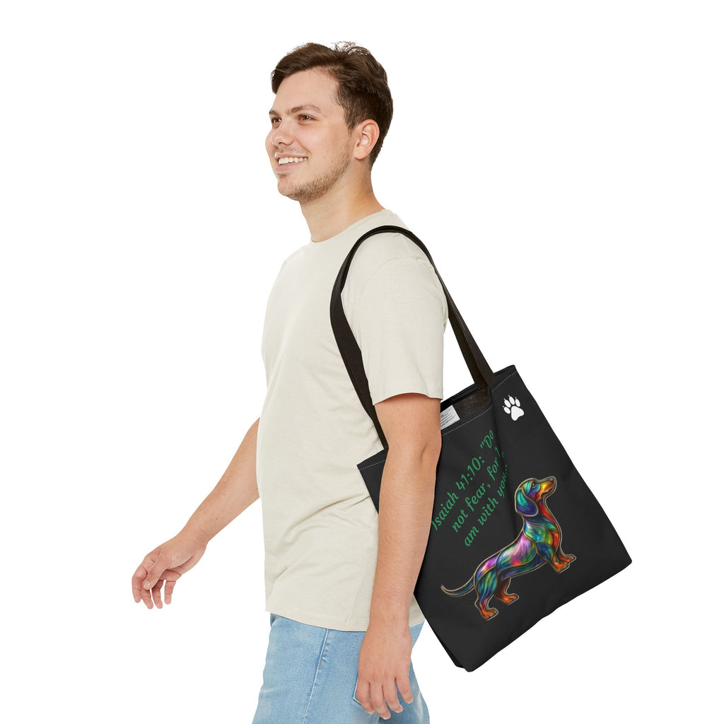 Faithful Paws City Dachshund Tote — Isaiah 41:10 Inspirational Dog Lover Bag