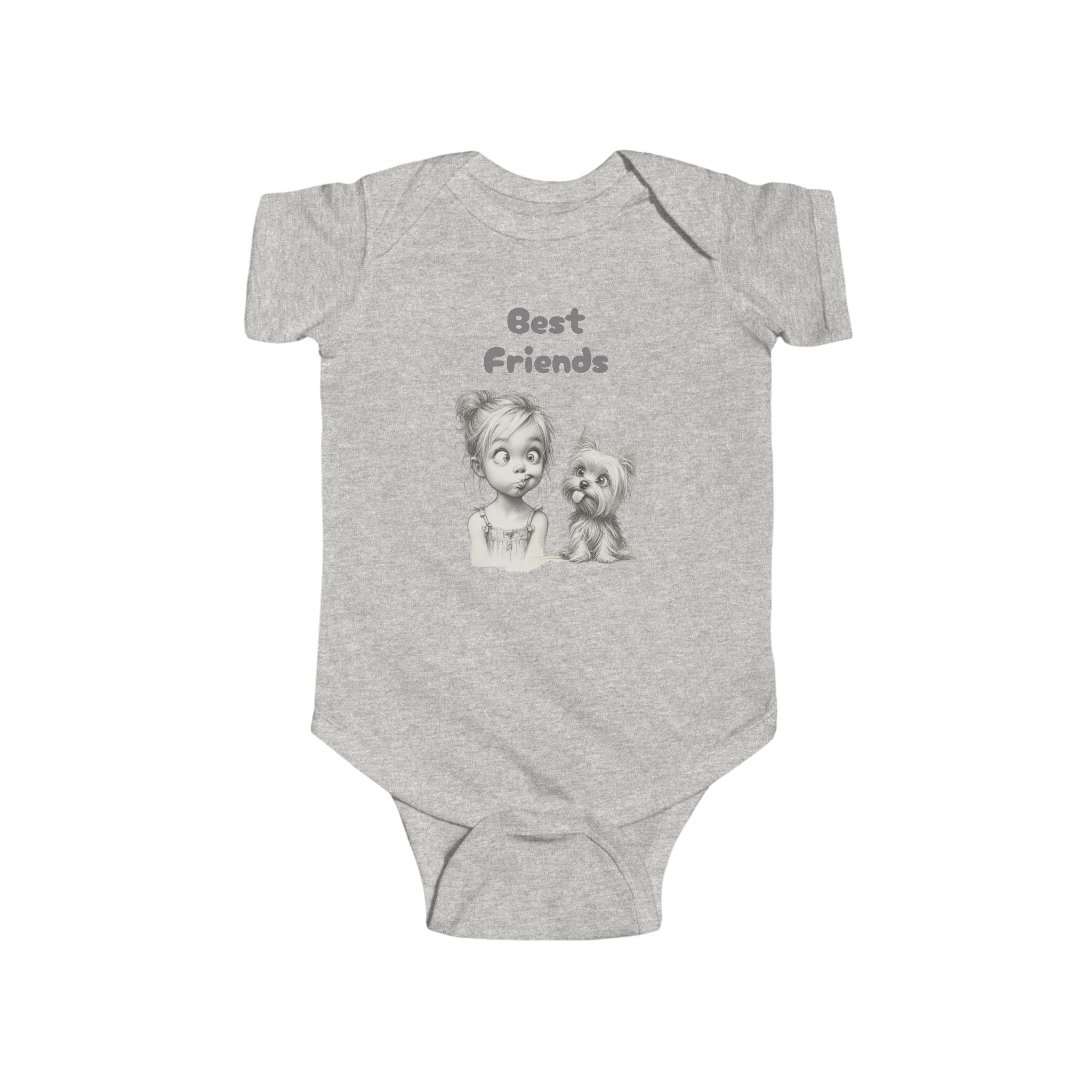 Baby Onesie Bodysuit - "Best Friends" Cute Girl & Puppy Onesie with Paw Print Back - Sizes NB to 24mos