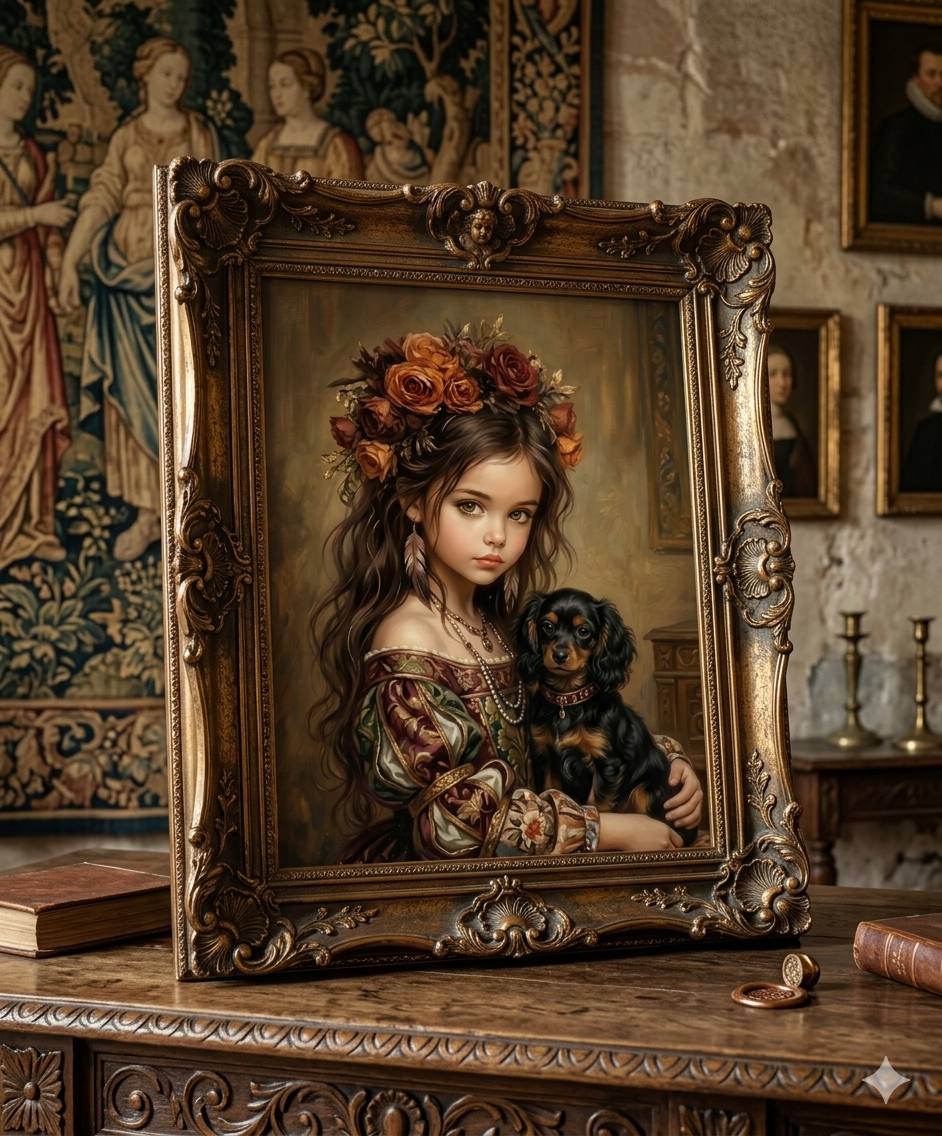 Renaissance Girl & Cavalier King Charles – Digital Art Print